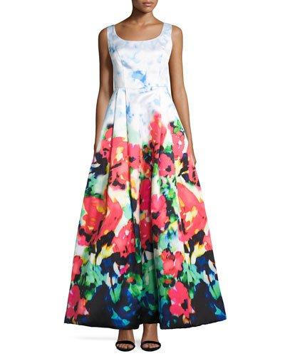 Sleeveless Floral-print Fit-and-flare Gown,