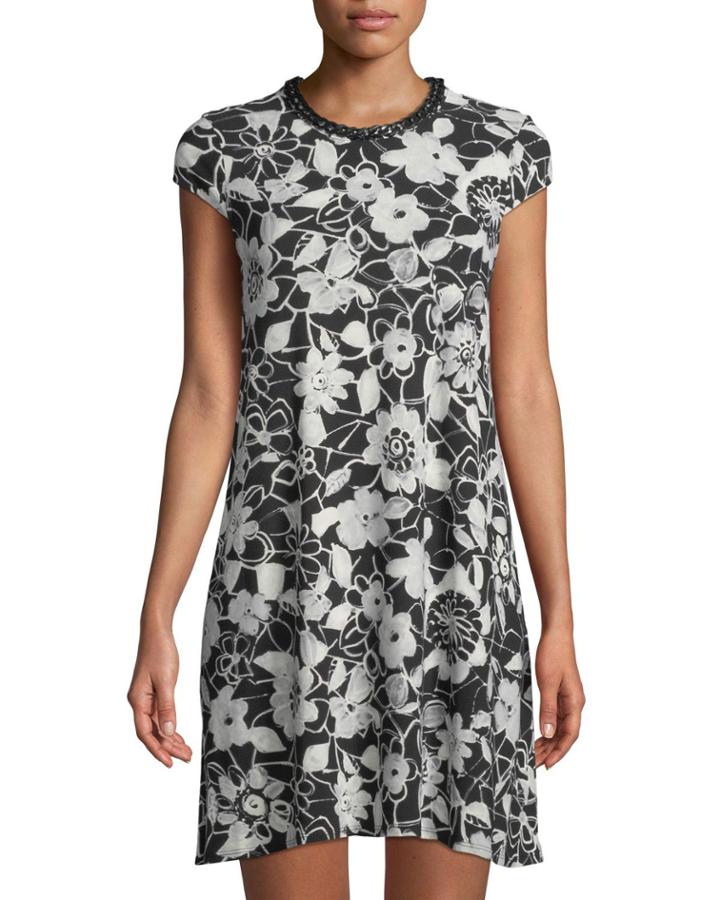 Chain-neck Lace-print Trapeze Dress