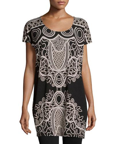Short-sleeve Printed Tunic, Black/tan Print