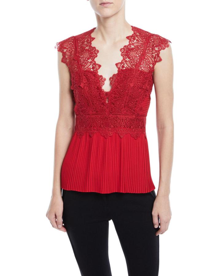 Coral-embroidered Lace-top Blouse