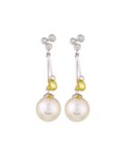 14k White Gold Pearl, Diamond & Sapphire Dangle Earrings,