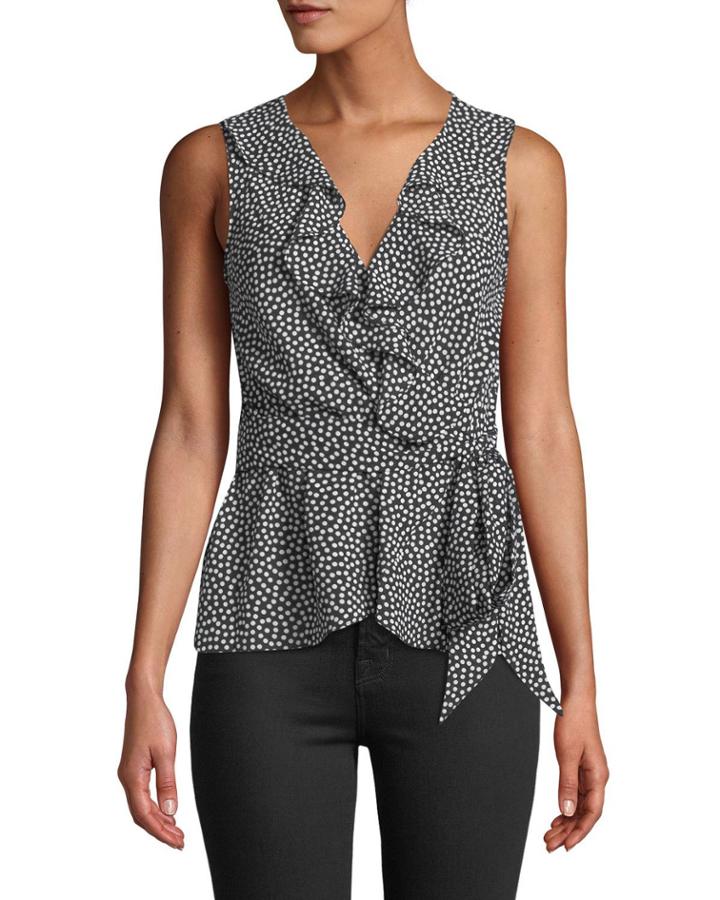 Sleeveless Polka-dot Ruffled Wrap Blouse