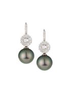 18k Tahitian Black Pearl & Diamond Flower Drop Earrings,