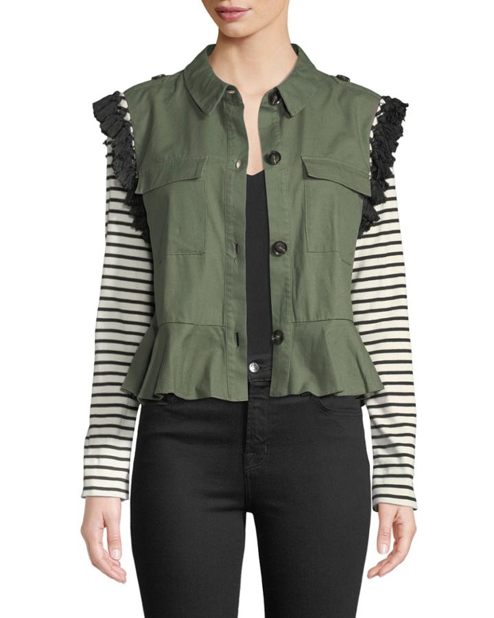 Striped-sleeve Tassel-trim Utility Jacket