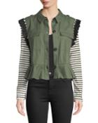 Striped-sleeve Tassel-trim Utility Jacket