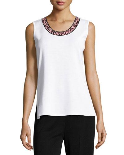 Print-collar Knit Tank, White/flamingo/black