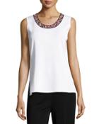 Print-collar Knit Tank, White/flamingo/black