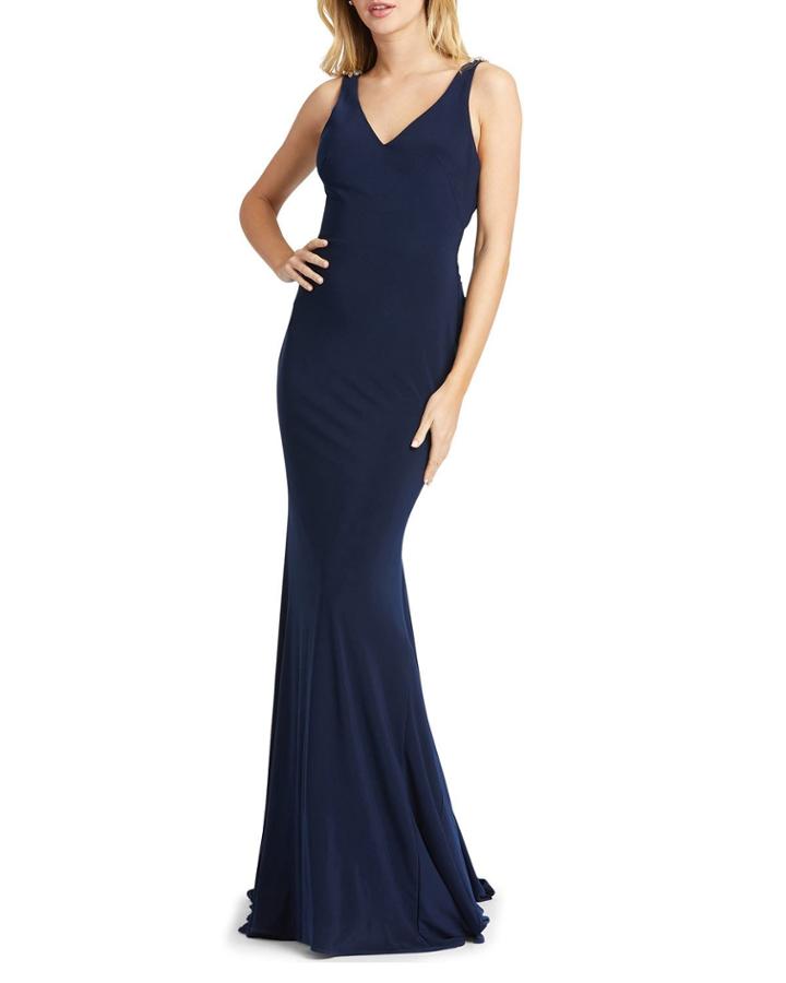 Sleeveless Cowl-back Jersey Gown W/ Crisscross