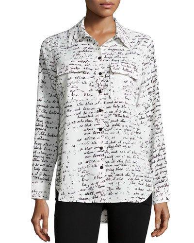 Graffiti-print Button-front Blouse, White/black