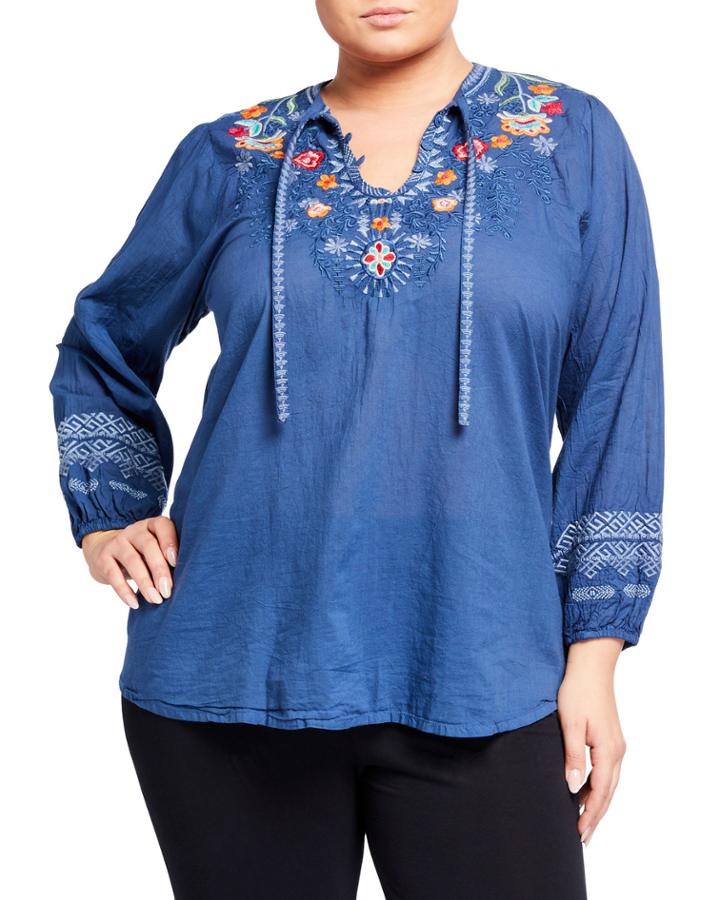 Plus Size Chelsee Cotton V-neck Long-sleeve Blouse