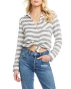 Striped Long-sleeve Button-down Tie-front Top