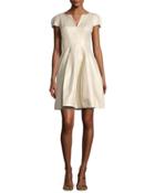 Cap-sleeve Metallic Structured Faille Dress, Pale Gold