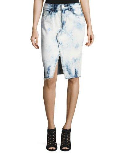 Trystan Bleached Denim Midi Skirt With Raw Hem, Elation