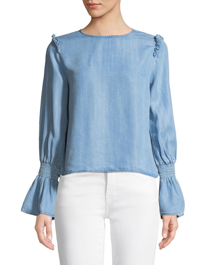 Flounce-sleeve Chambray Blouse
