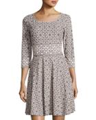 Double-knit Geometric-print Dress, Gray/white
