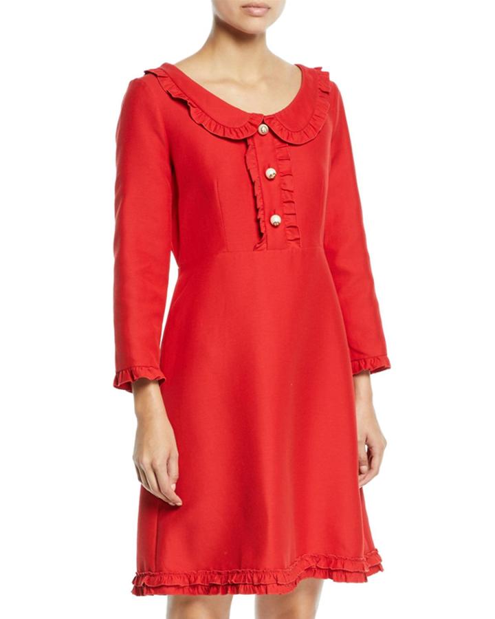 3/4-sleeve Cady Crepe Ruffle Dress