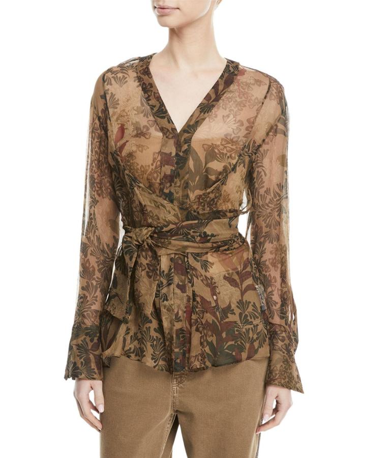 Long-sleeve Botanical-print Wrap-waist