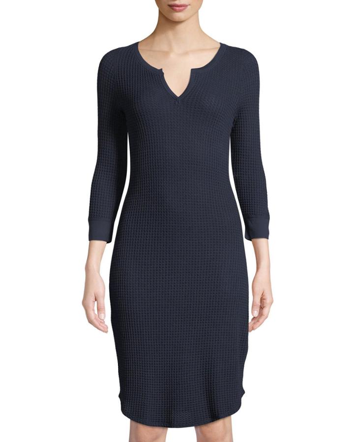 Thermal-knit Split-neck Henley Dress