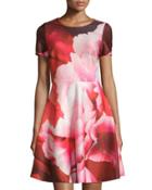 Floral-print Short-sleeve Fit & Flare Dress, Red/multi