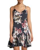 Floral-charmeuse Strappy Dress, Blue