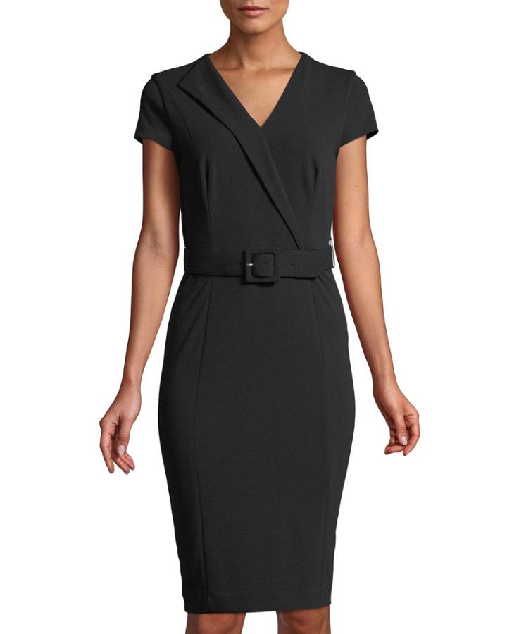 Belted Cap-sleeve Career Dress