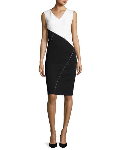 V-neck Colorblocked Punto Milano Sheath Dress, White/black