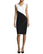 V-neck Colorblocked Punto Milano Sheath Dress, White/black