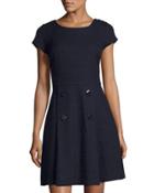 Short-sleeve Button-detail Knit Dress, Navy