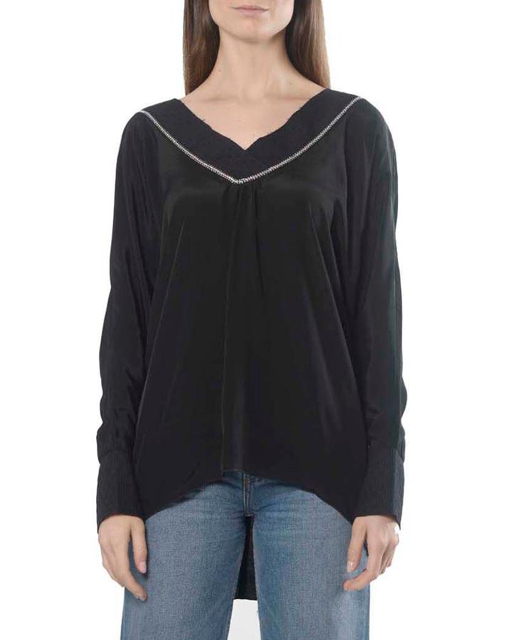 Embellished V-neck Long-sleeve High-low Blouse