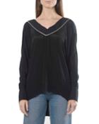 Embellished V-neck Long-sleeve High-low Blouse