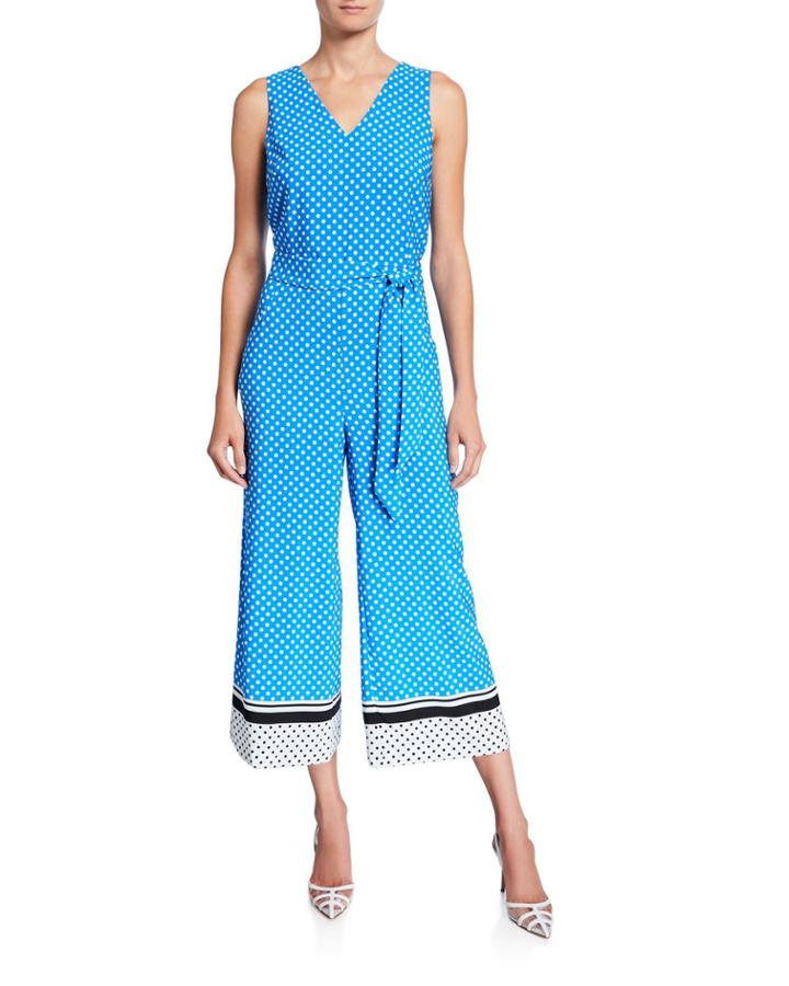 Polka Dot V-neck Sleeveless Border-print Crop Jumpsuit