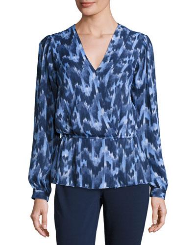 Printed V-neck Peplum Top, Real Navy
