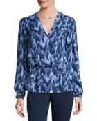Printed V-neck Peplum Top, Real Navy