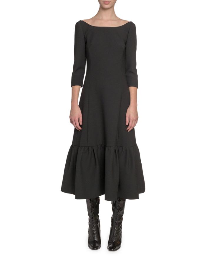 3/4-sleeve Boat-neck Twill Dress