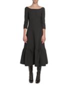 3/4-sleeve Boat-neck Twill Dress