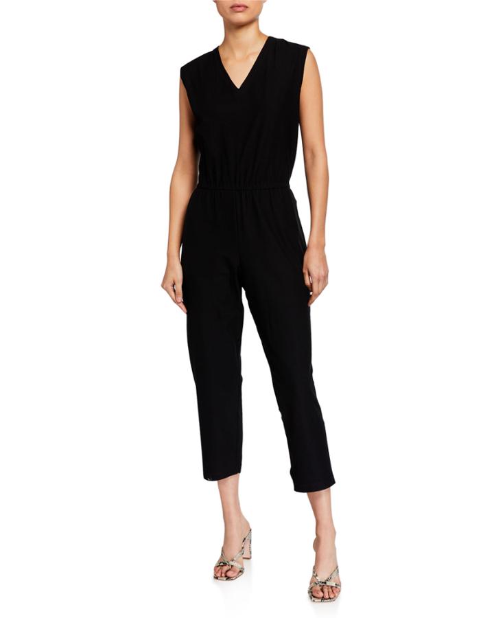 Washable Crepe V-neck Sleeveless Straight-leg Jumpsuit