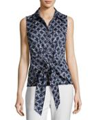Sleeveless Front-tie Top, Blue Pattern