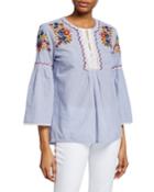 Striped & Embroidered Floral Bell-sleeve Top