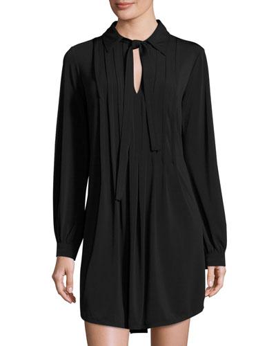 Tie-neck Long-sleeve Shift Dress, Black