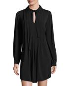 Tie-neck Long-sleeve Shift Dress, Black