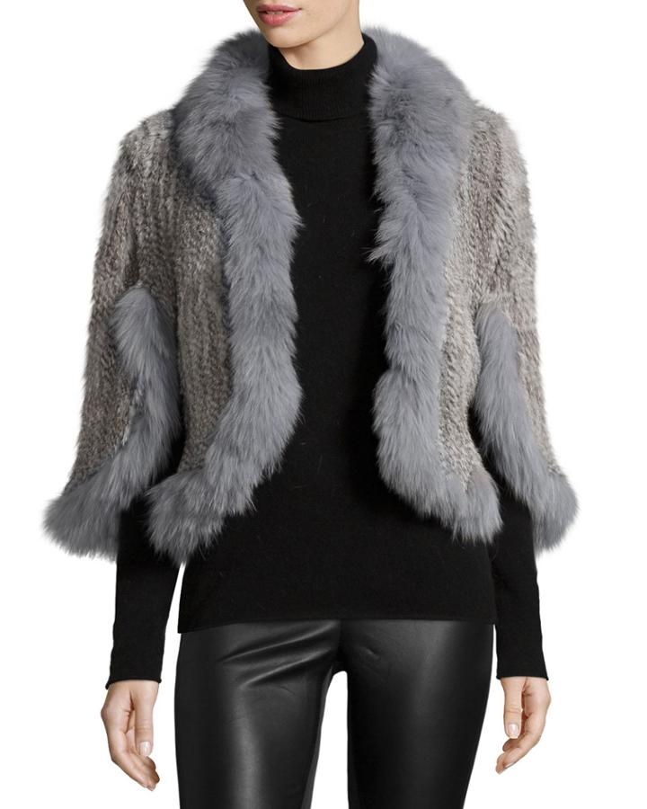 Love Token Rabbit-fur Cape With Fox-fur Trim, Natural Gray, Women's, Size: Medium, Natural Gr