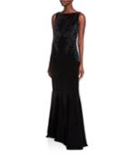Sleeveless Back Drape Velvet Fishtail Gown With Beaded Trim