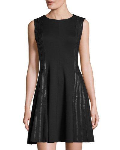 Faux-leather Strip Fit & Flare Dress, Black