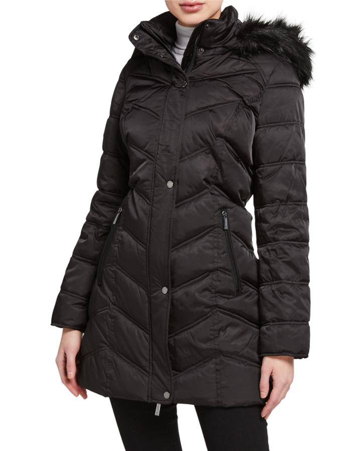 Faux-fur-trim Chevron Quilted Coat