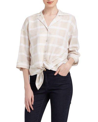 Analeigh Grid-print Linen-blend Blouse