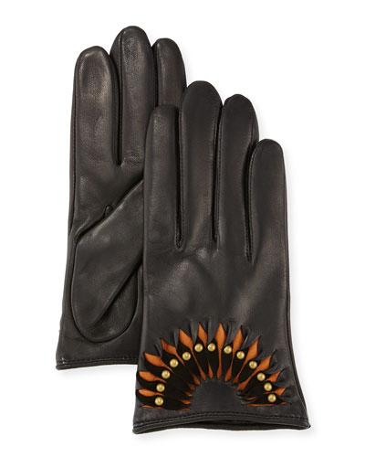 Studded Leather Short Gloves, Black/tan