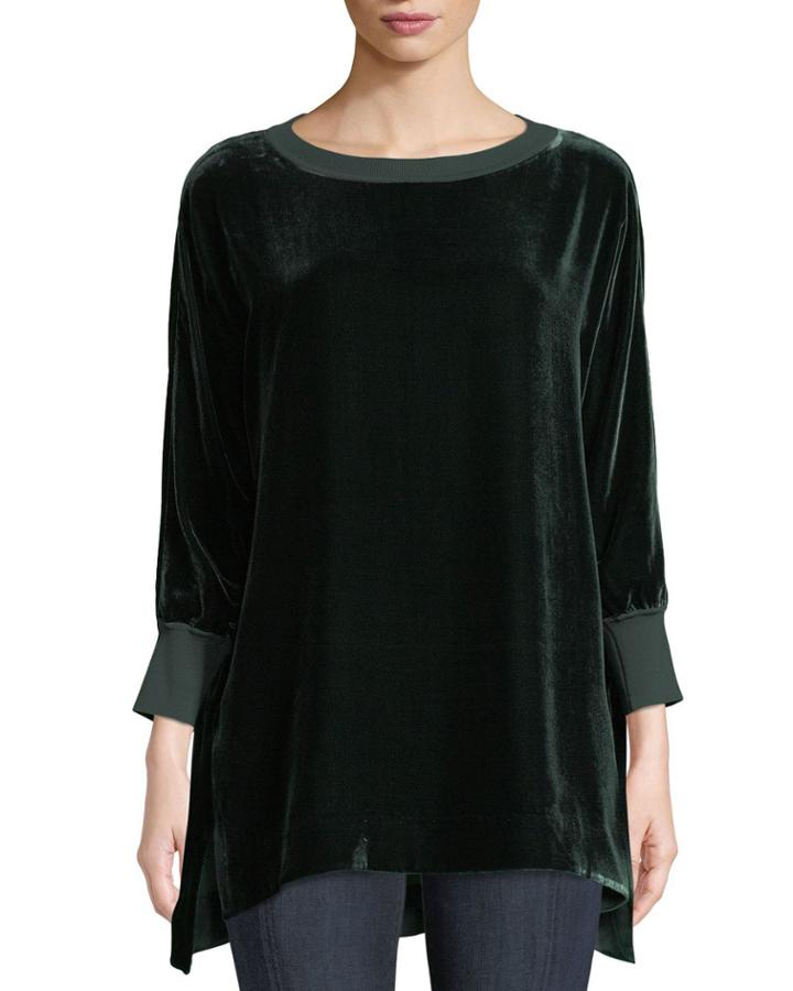 Joplin Round-neck Long-sleeve Velvet Blouse W/ Knit Trim