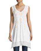 Floral-embroidered Flounce Long Tunic, White