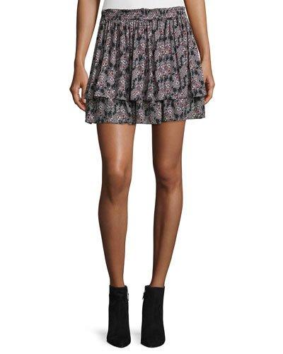 Tiered Floral Silk Skirt, Black/multicolor
