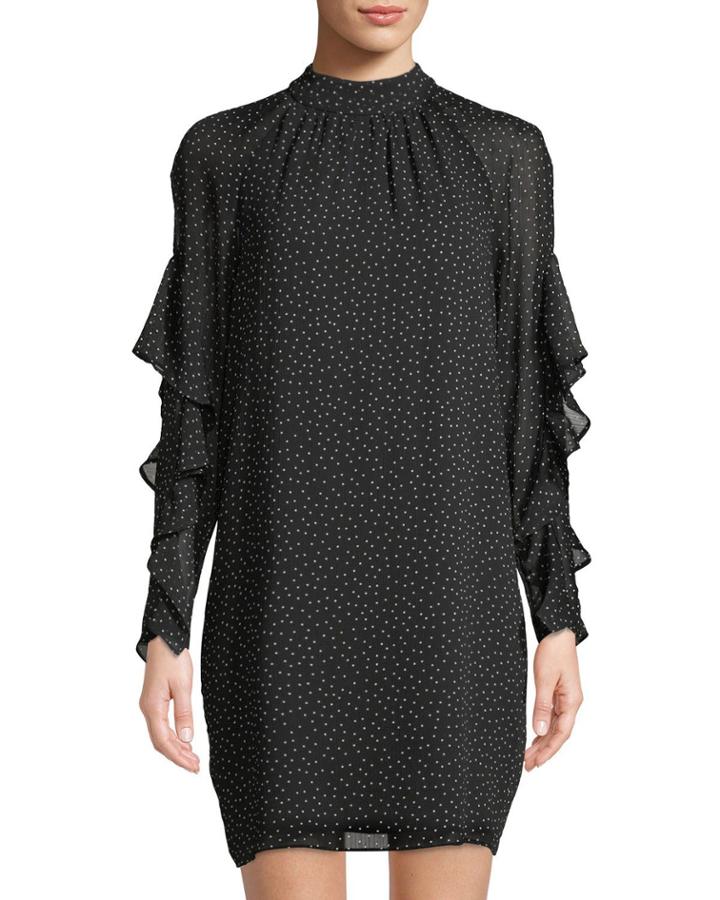 Mock-neck Ruffle-sleeve Polka Dot